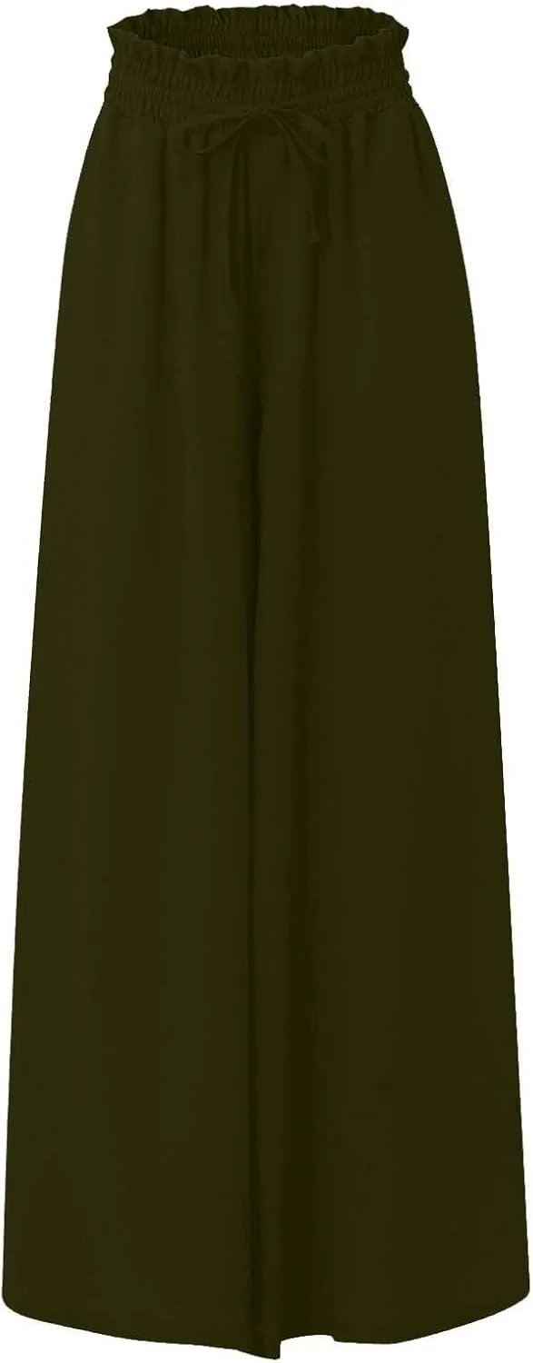 Womens Wide Leg Boho Pants Floral Solid Flowy Pants Lounge Beach with Pocket Resort Wear for Women 2025 Trendy
