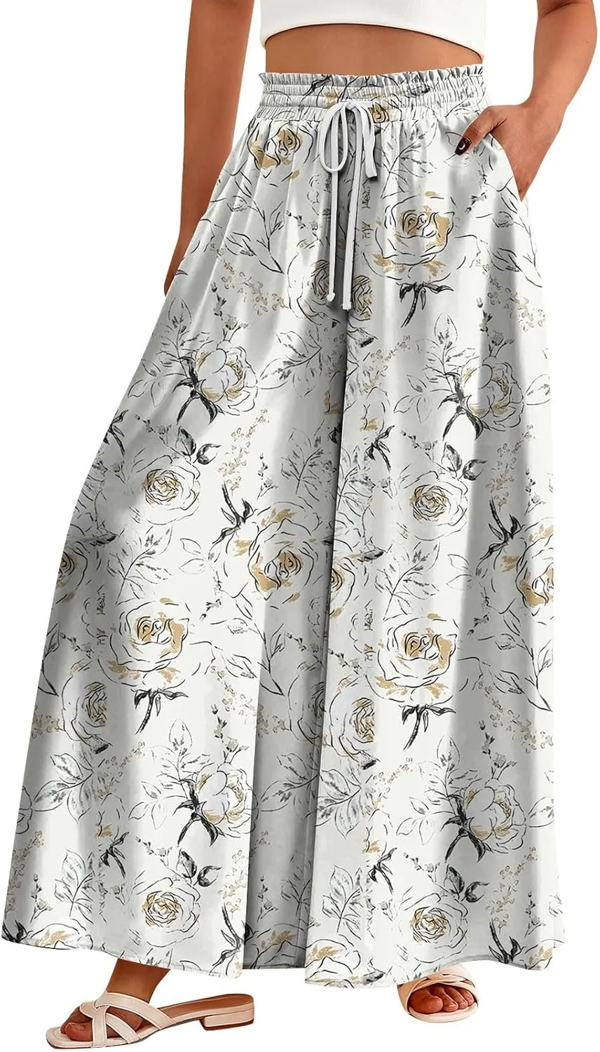 Womens Wide Leg Boho Pants Floral Solid Flowy Pants Lounge Beach with Pocket Resort Wear for Women 2025 Trendy