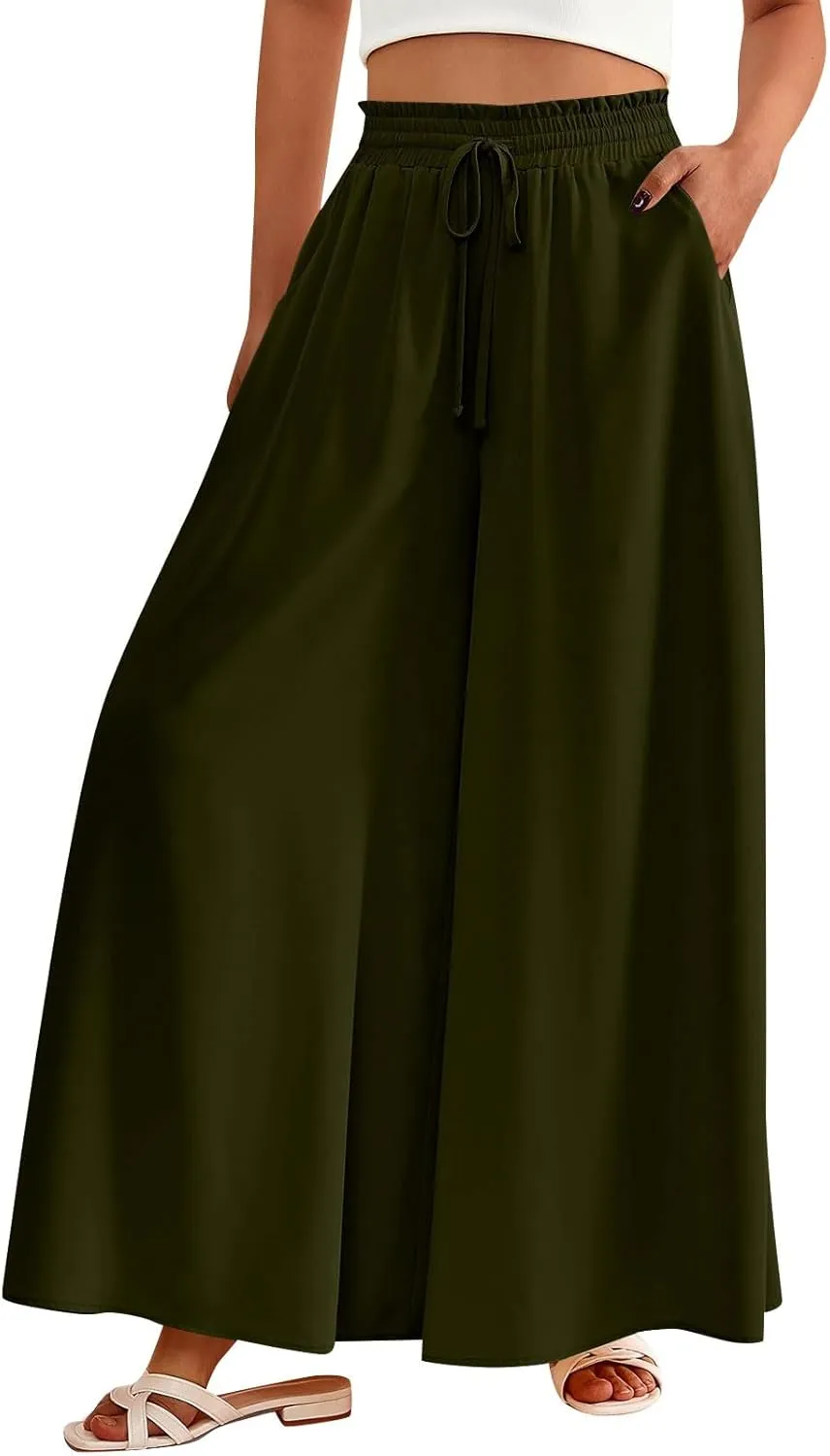 Womens Wide Leg Boho Pants Floral Solid Flowy Pants Lounge Beach with Pocket Resort Wear for Women 2025 Trendy