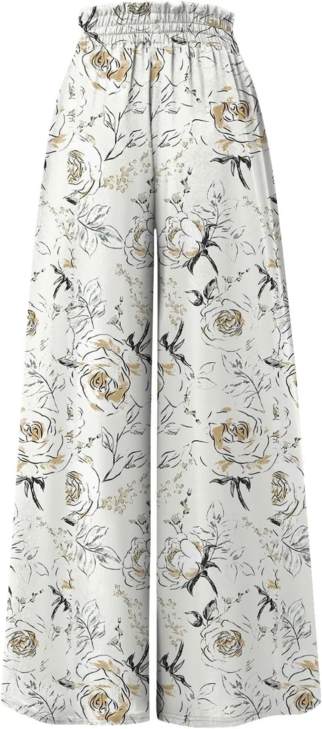 Womens Wide Leg Boho Pants Floral Solid Flowy Pants Lounge Beach with Pocket Resort Wear for Women 2025 Trendy