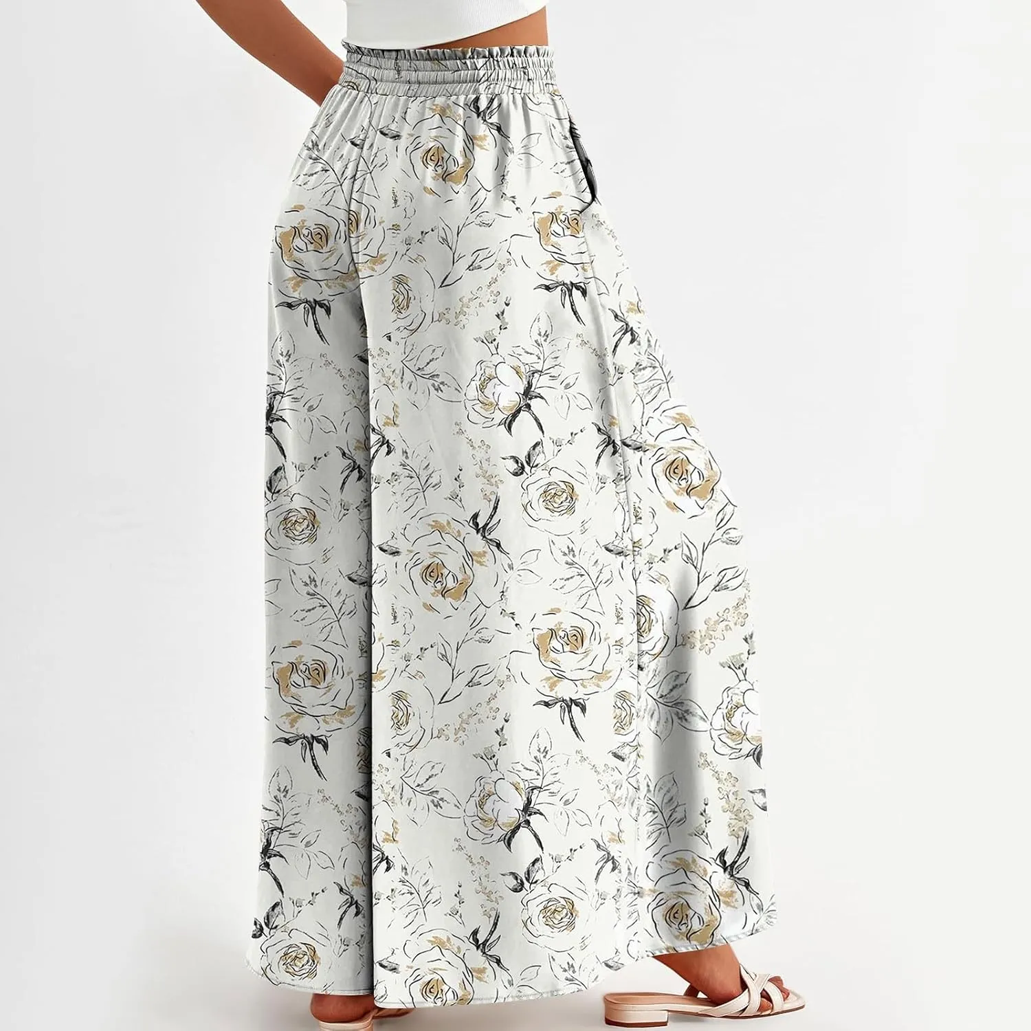 Womens Wide Leg Boho Pants Floral Solid Flowy Pants Lounge Beach with Pocket Resort Wear for Women 2025 Trendy