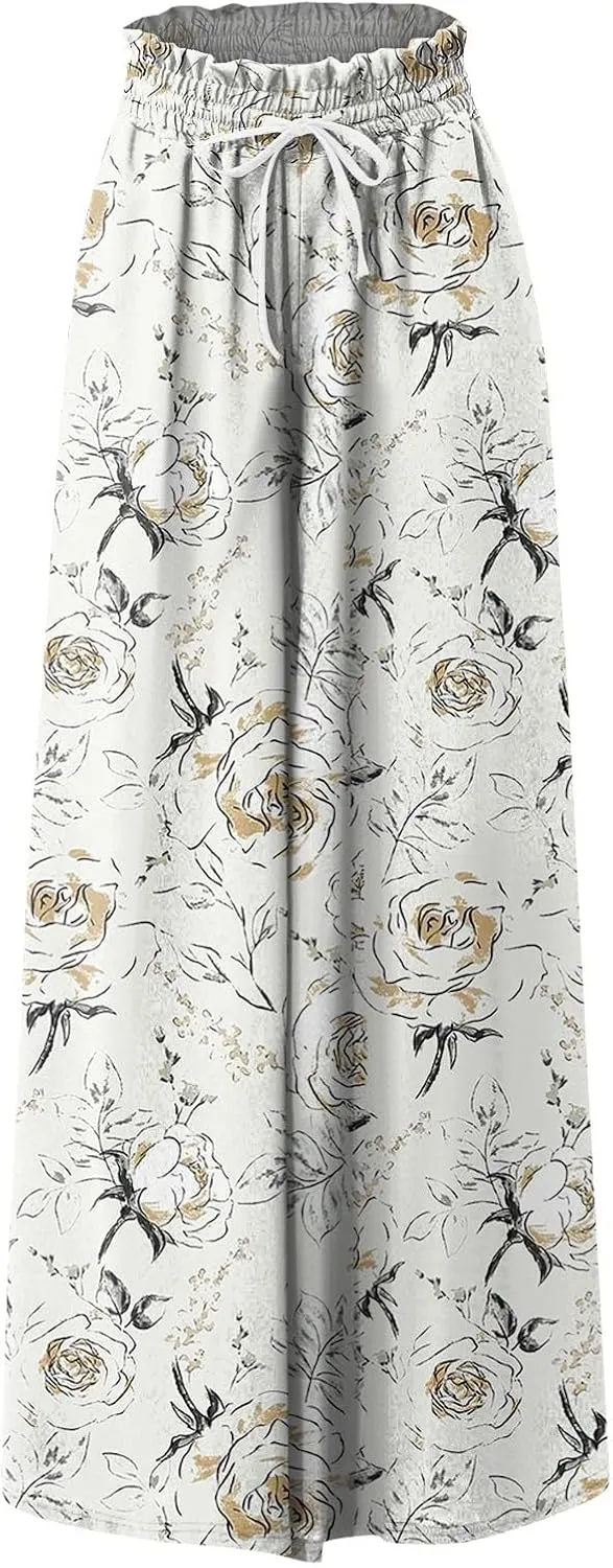 Womens Wide Leg Boho Pants Floral Solid Flowy Pants Lounge Beach with Pocket Resort Wear for Women 2025 Trendy
