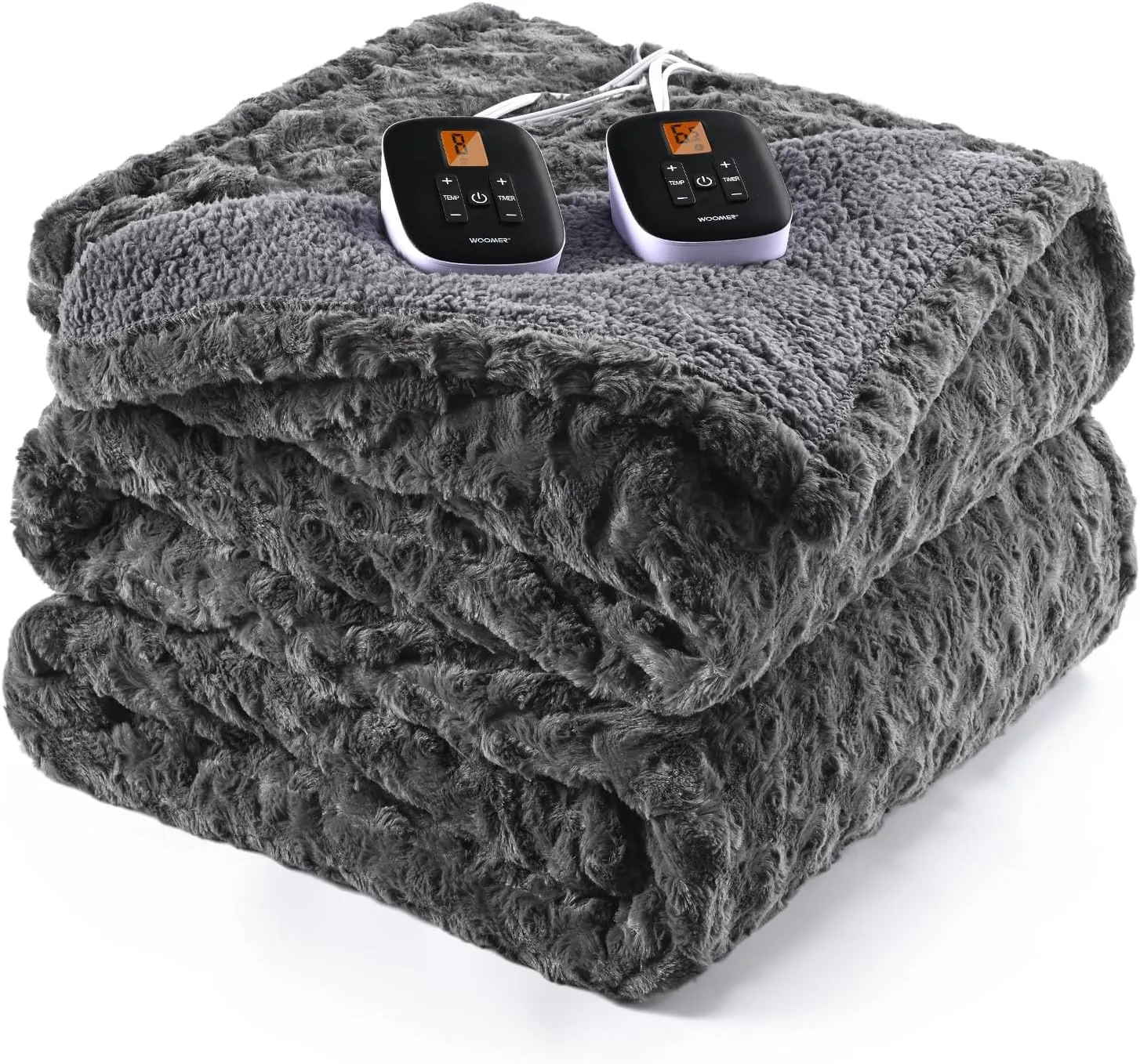 WOOMER Electric Heated Blanket, 90"x 100" King Size, Rose Flower Patterns Faux Fur & Soft Sherpa, 4 Heating Levels & 4H Auto Off, ETL Certified, Machine Washable, Dark Grey