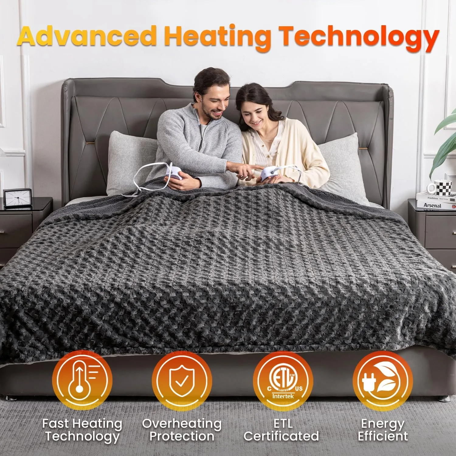 WOOMER Electric Heated Blanket, 90"x 100" King Size, Rose Flower Patterns Faux Fur & Soft Sherpa, 4 Heating Levels & 4H Auto Off, ETL Certified, Machine Washable, Dark Grey