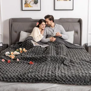 WOOMER Electric Heated Blanket, 90"x 100" King Size, Rose Flower Patterns Faux Fur & Soft Sherpa, 4 Heating Levels & 4H Auto Off, ETL Certified, Machine Washable, Dark Grey