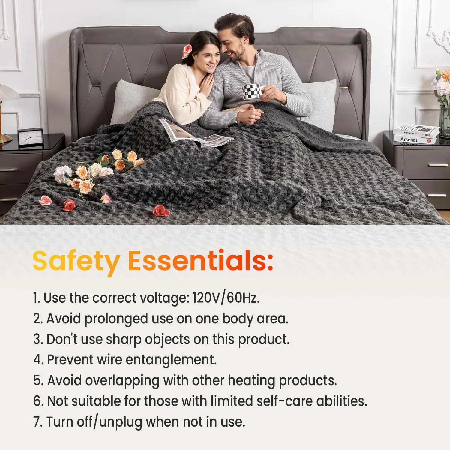 WOOMER Electric Heated Blanket, 90"x 100" King Size, Rose Flower Patterns Faux Fur & Soft Sherpa, 4 Heating Levels & 4H Auto Off, ETL Certified, Machine Washable, Dark Grey