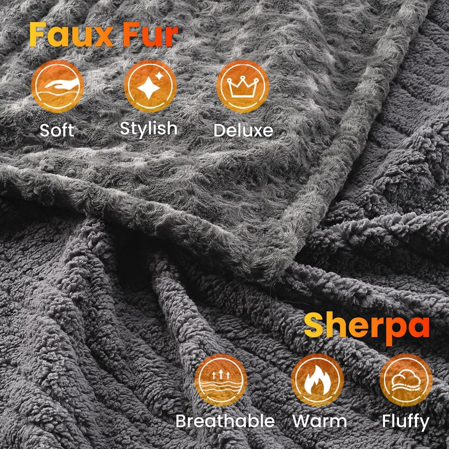 WOOMER Electric Heated Blanket, 90"x 100" King Size, Rose Flower Patterns Faux Fur & Soft Sherpa, 4 Heating Levels & 4H Auto Off, ETL Certified, Machine Washable, Dark Grey
