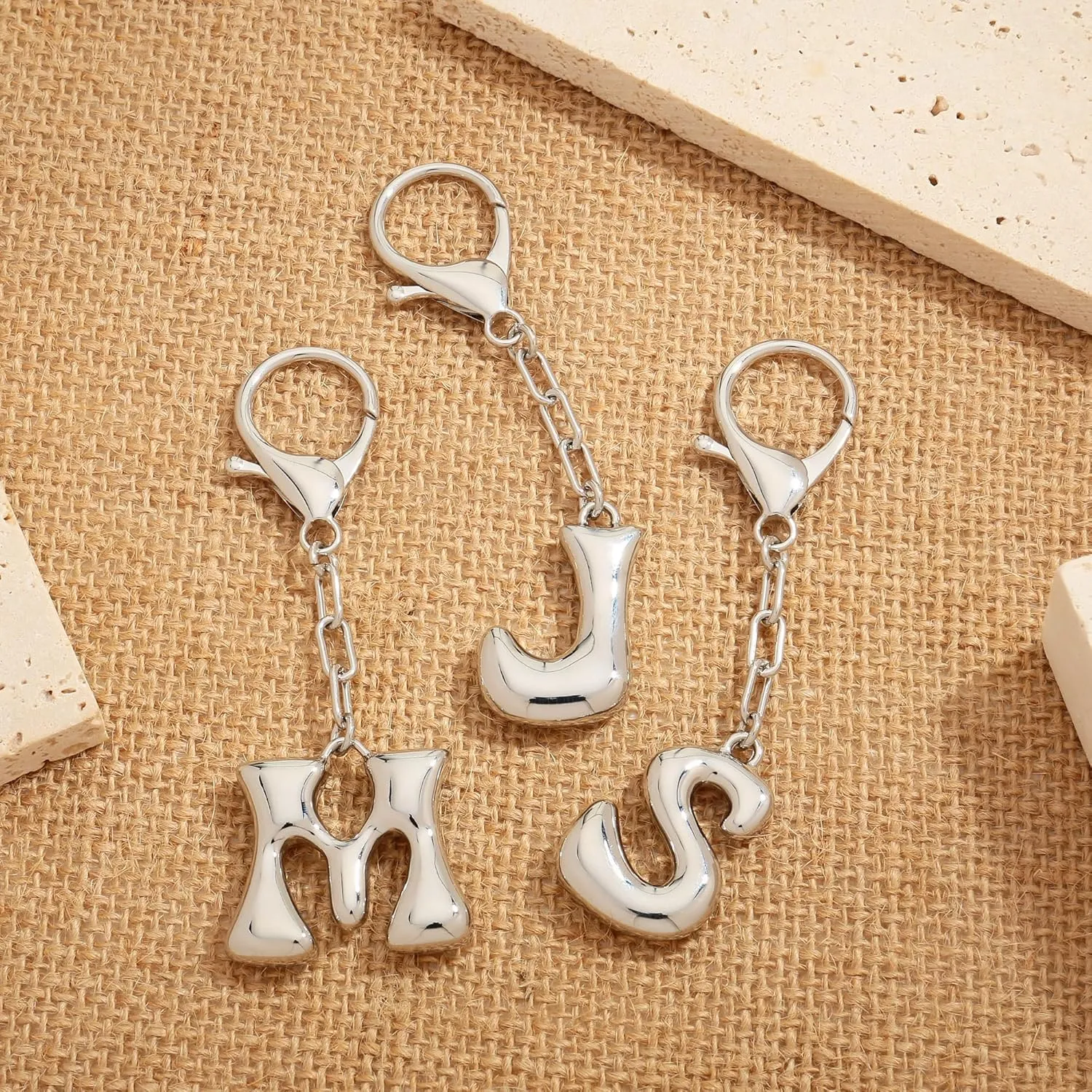 WOWORAMA Initial Letter Keychain for Women Chunky Gold Bubble Letter Bag Charm Purse Charm Personalized Keyrings Accessories