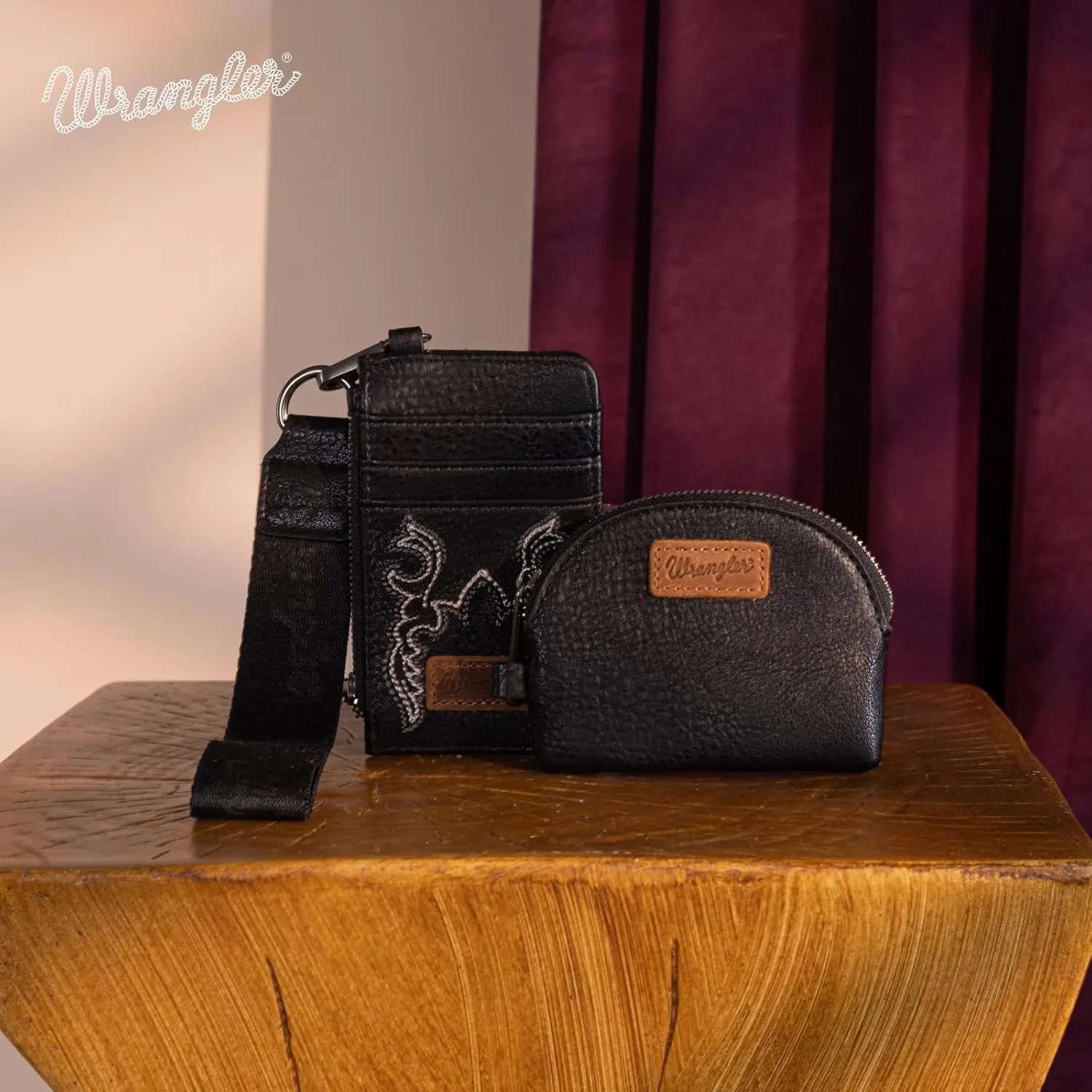 Wrangler KeyChain Wristlet Wallets for Women Western Dual Pouch Wristlet Embroidered Boot Scroll Card Holder Wallet With Zipper