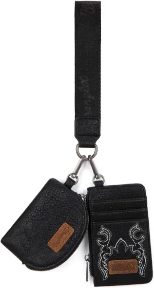 Wrangler KeyChain Wristlet Wallets for Women Western Dual Pouch Wristlet Embroidered Boot Scroll Card Holder Wallet With Zipper