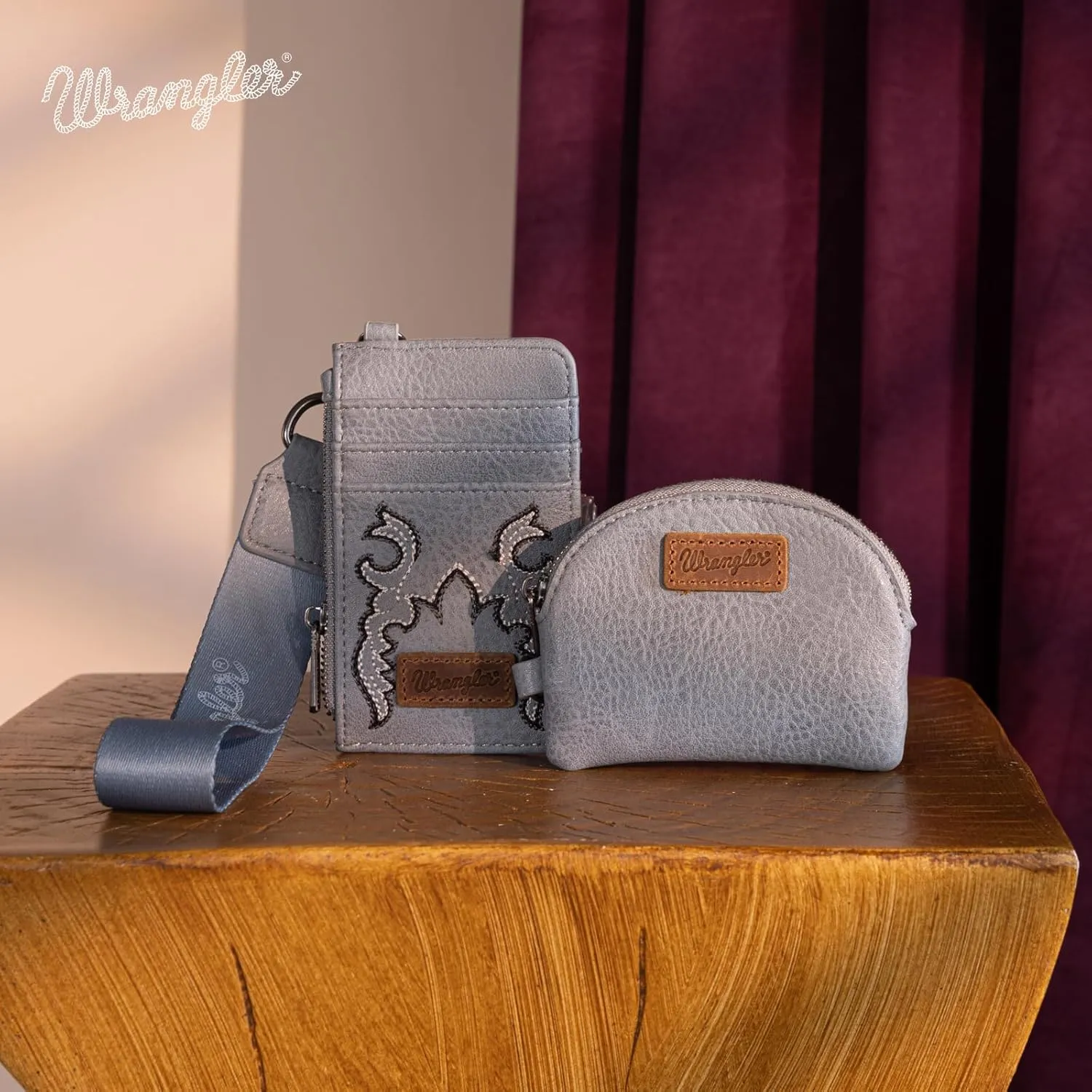 Wrangler KeyChain Wristlet Wallets for Women Western Dual Pouch Wristlet Embroidered Boot Scroll Card Holder Wallet With Zipper