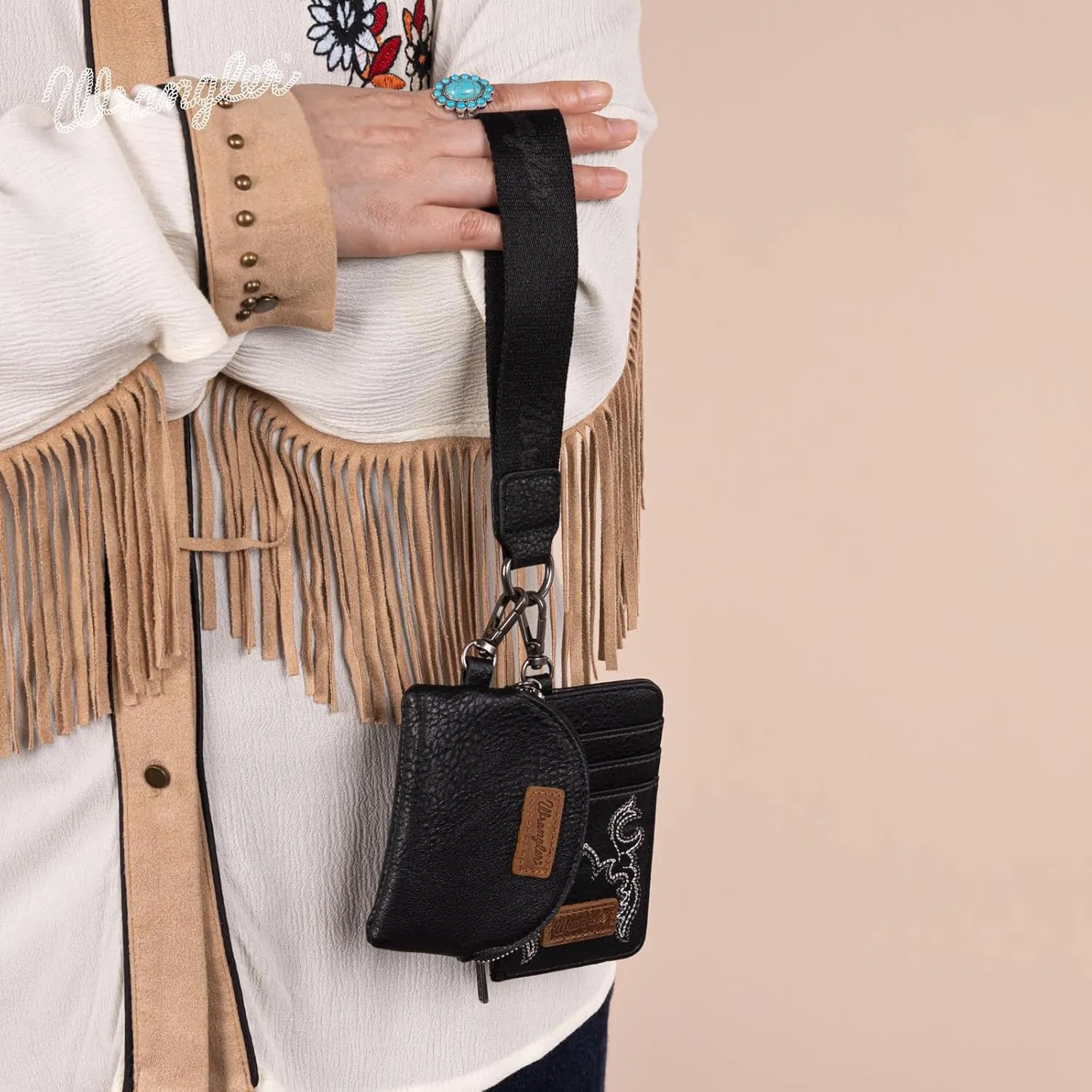Wrangler KeyChain Wristlet Wallets for Women Western Dual Pouch Wristlet Embroidered Boot Scroll Card Holder Wallet With Zipper