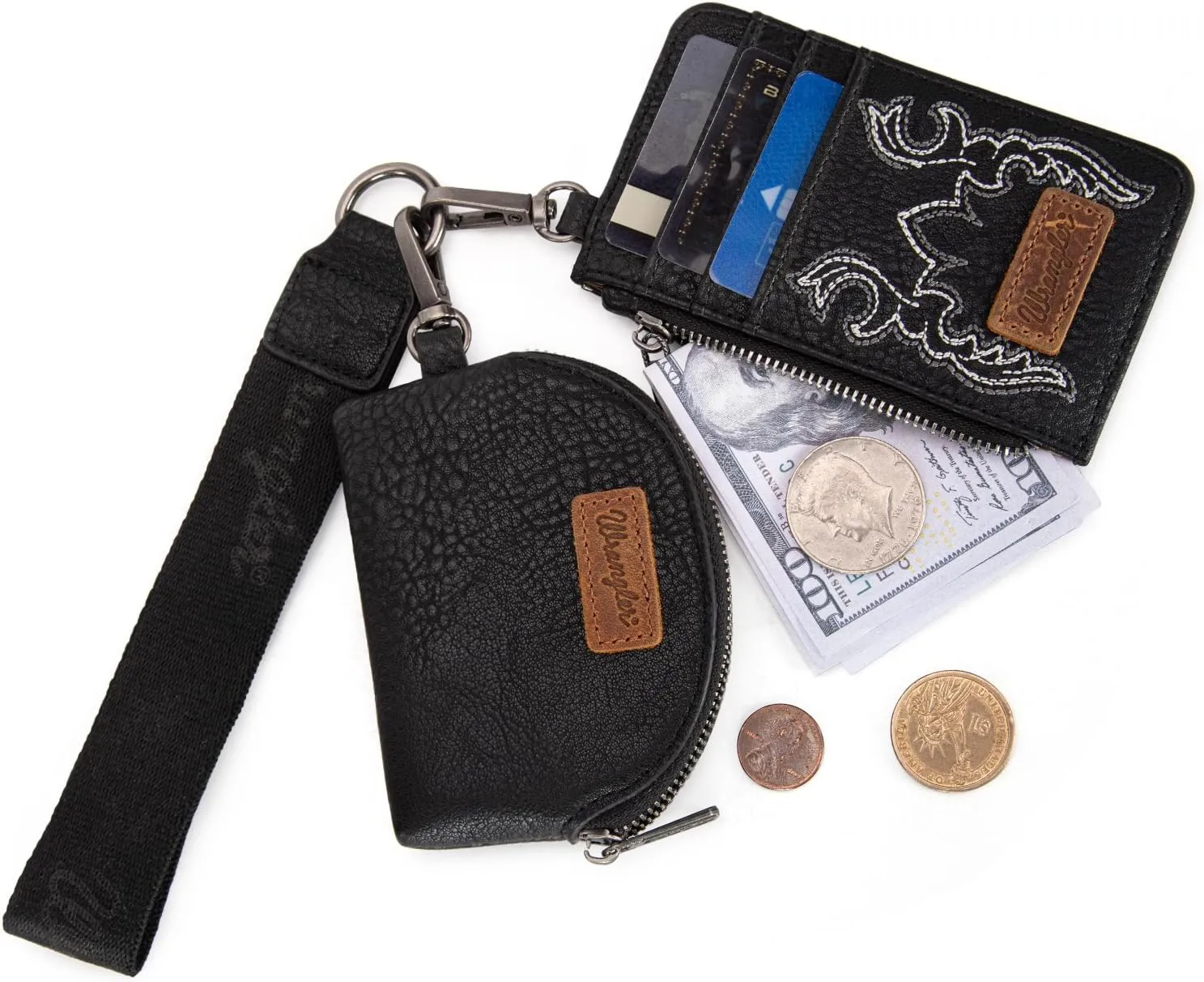 Wrangler KeyChain Wristlet Wallets for Women Western Dual Pouch Wristlet Embroidered Boot Scroll Card Holder Wallet With Zipper