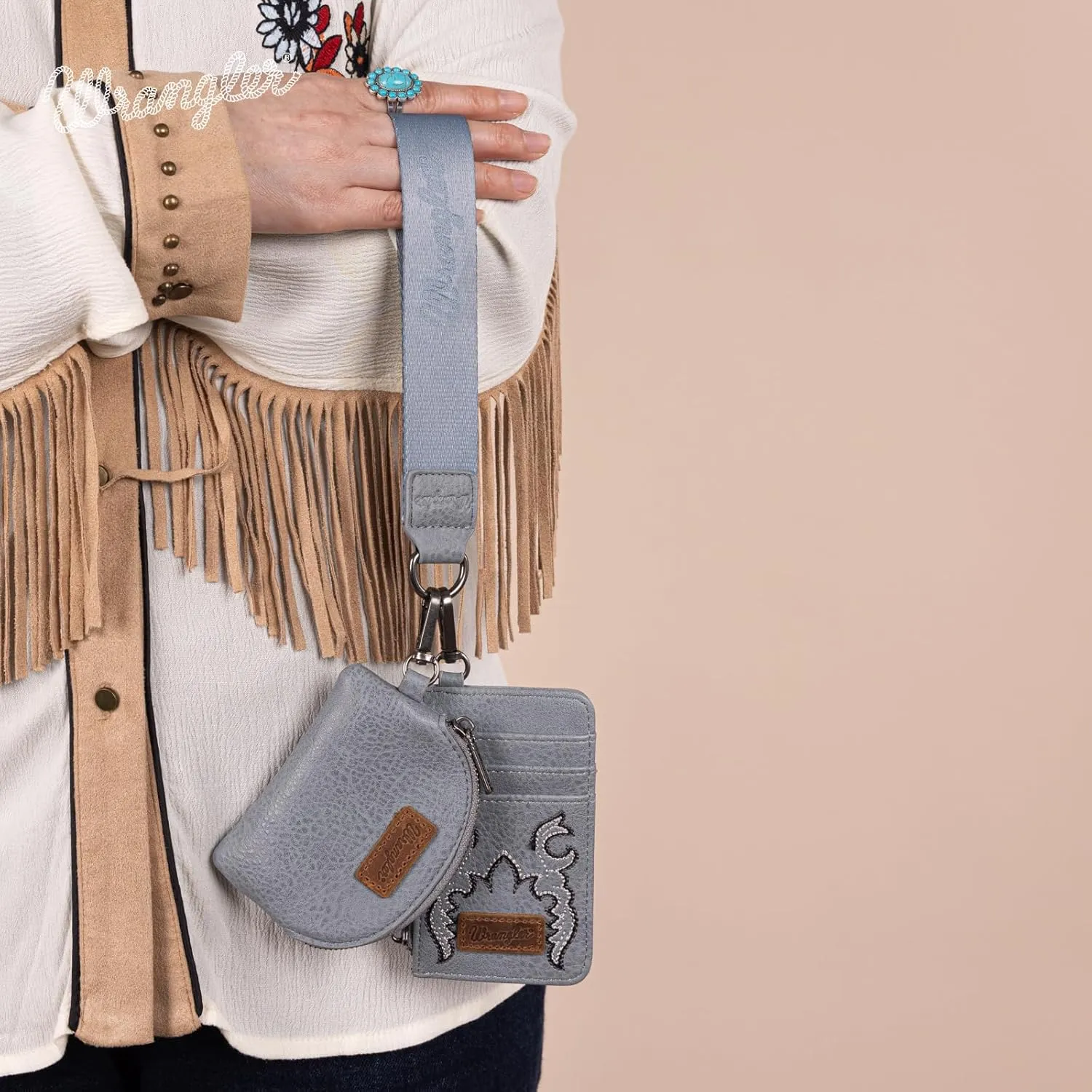 Wrangler KeyChain Wristlet Wallets for Women Western Dual Pouch Wristlet Embroidered Boot Scroll Card Holder Wallet With Zipper