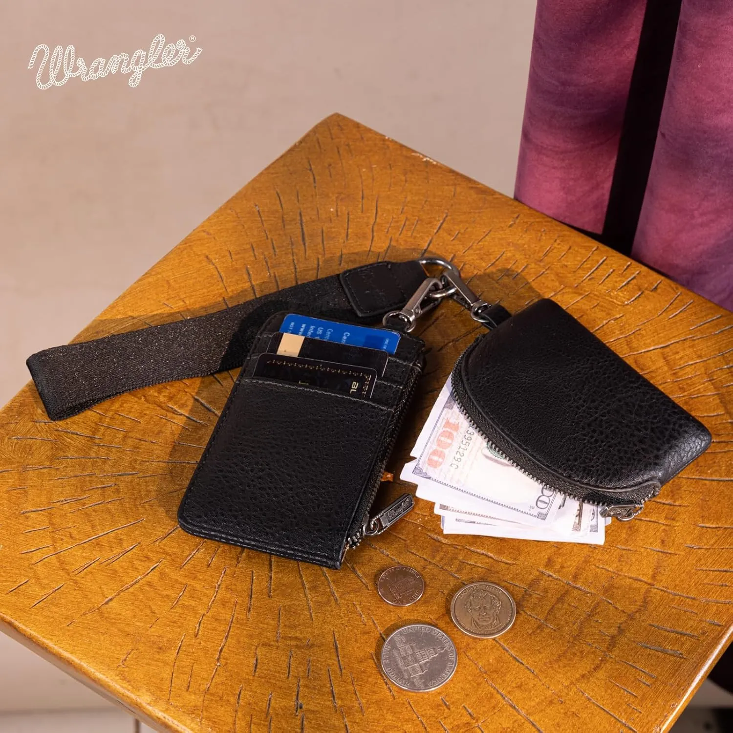 Wrangler KeyChain Wristlet Wallets for Women Western Dual Pouch Wristlet Embroidered Boot Scroll Card Holder Wallet With Zipper