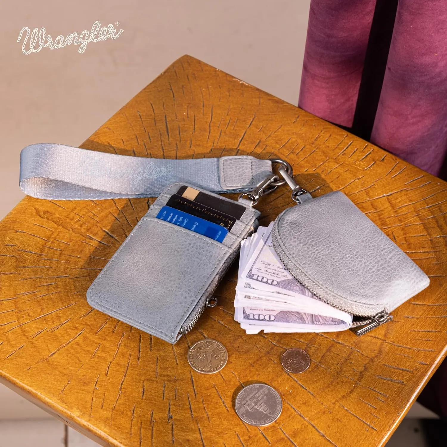 Wrangler KeyChain Wristlet Wallets for Women Western Dual Pouch Wristlet Embroidered Boot Scroll Card Holder Wallet With Zipper
