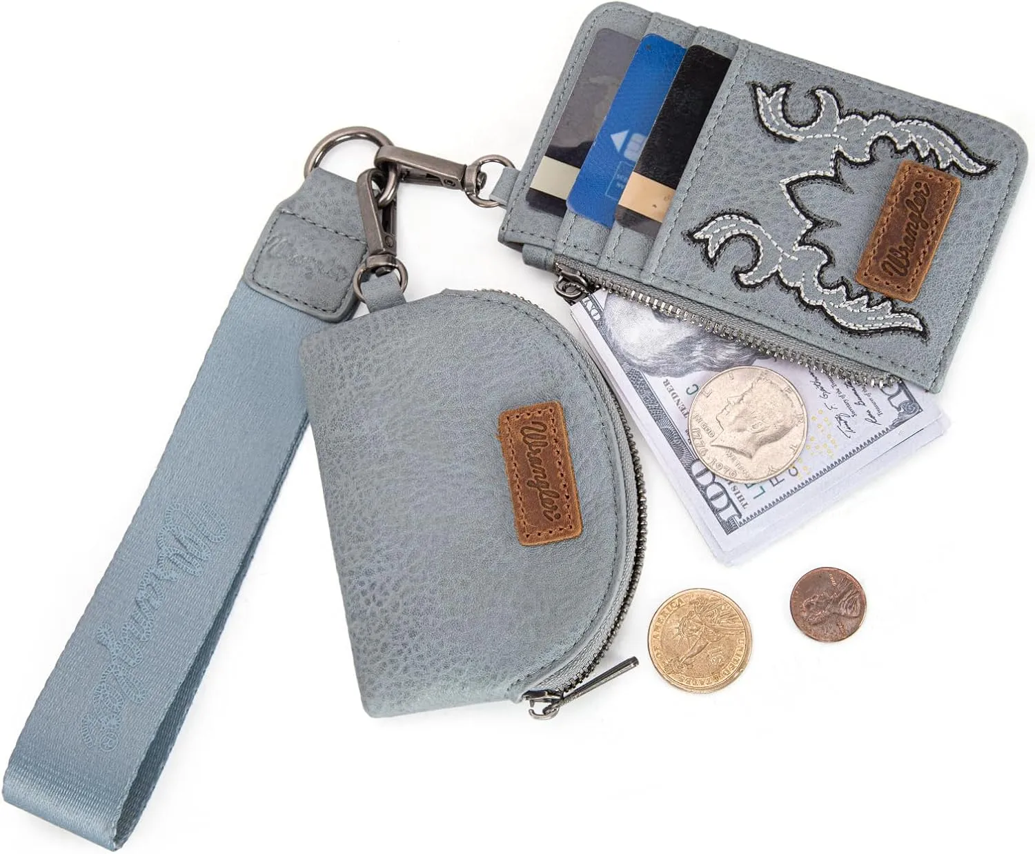 Wrangler KeyChain Wristlet Wallets for Women Western Dual Pouch Wristlet Embroidered Boot Scroll Card Holder Wallet With Zipper