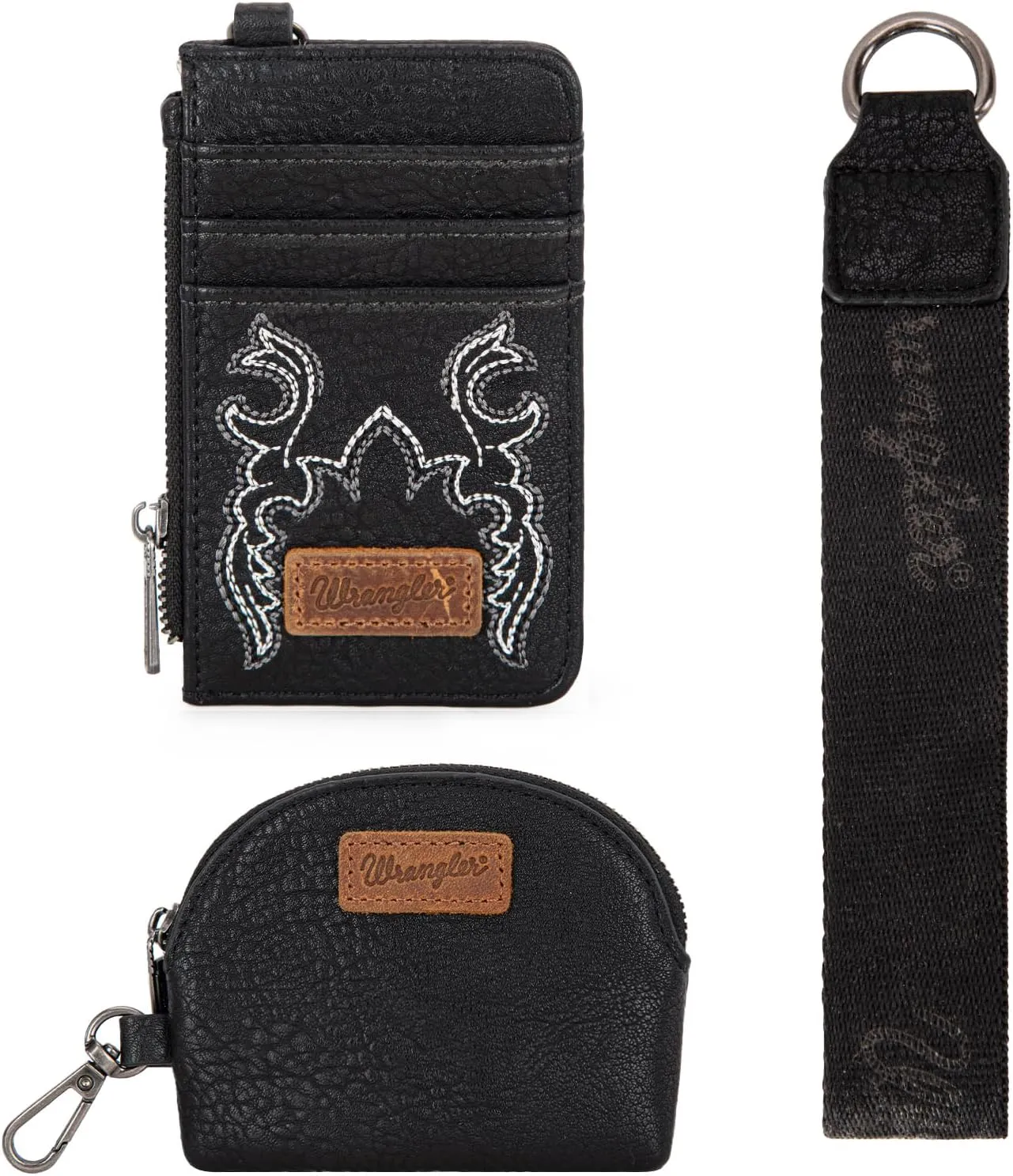 Wrangler KeyChain Wristlet Wallets for Women Western Dual Pouch Wristlet Embroidered Boot Scroll Card Holder Wallet With Zipper