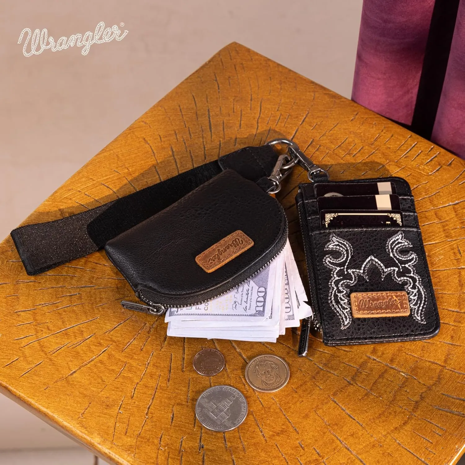 Wrangler KeyChain Wristlet Wallets for Women Western Dual Pouch Wristlet Embroidered Boot Scroll Card Holder Wallet With Zipper