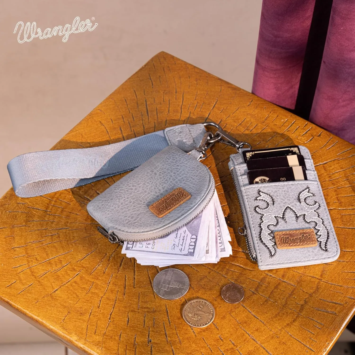 Wrangler KeyChain Wristlet Wallets for Women Western Dual Pouch Wristlet Embroidered Boot Scroll Card Holder Wallet With Zipper