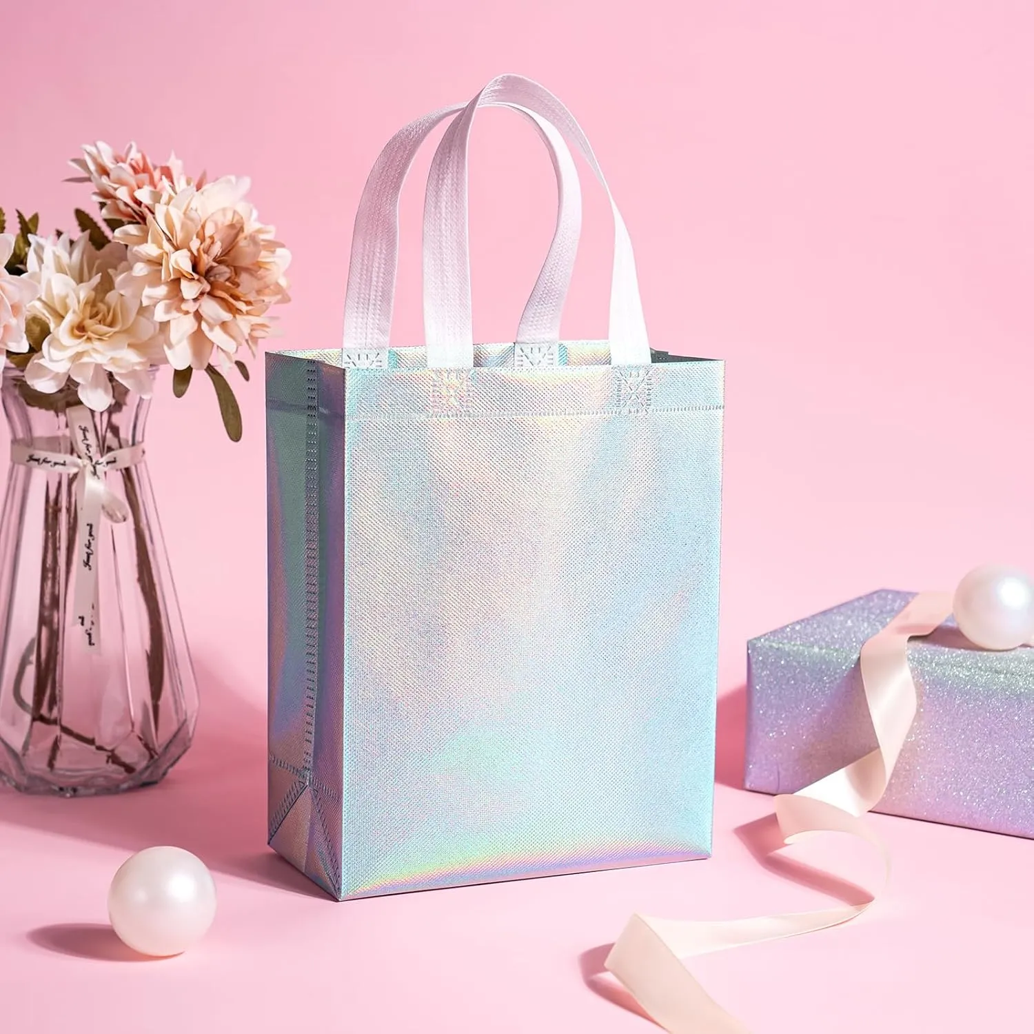 WRAPAHOLIC 12 Pack Reusable Iridescent Silver Gift Bag with Handles - Medium Size 8 x 4 x 10 inch - Perfect for Birthday Gift Bags, Shopping Bag, Goodie Bags, Party Favor Bags