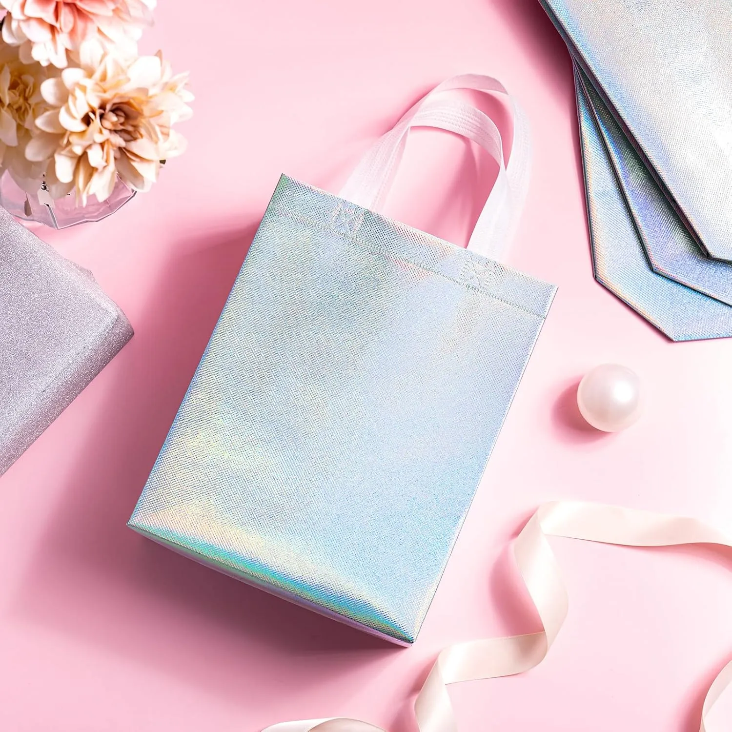 WRAPAHOLIC 12 Pack Reusable Iridescent Silver Gift Bag with Handles - Medium Size 8 x 4 x 10 inch - Perfect for Birthday Gift Bags, Shopping Bag, Goodie Bags, Party Favor Bags