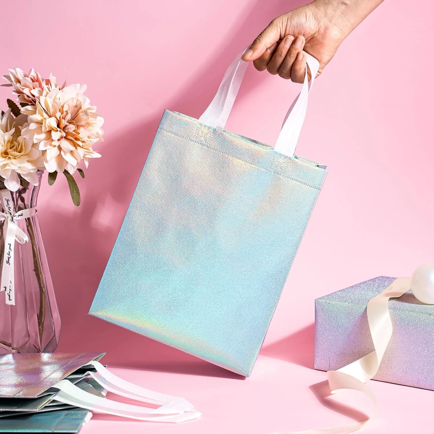 WRAPAHOLIC 12 Pack Reusable Iridescent Silver Gift Bag with Handles - Medium Size 8 x 4 x 10 inch - Perfect for Birthday Gift Bags, Shopping Bag, Goodie Bags, Party Favor Bags