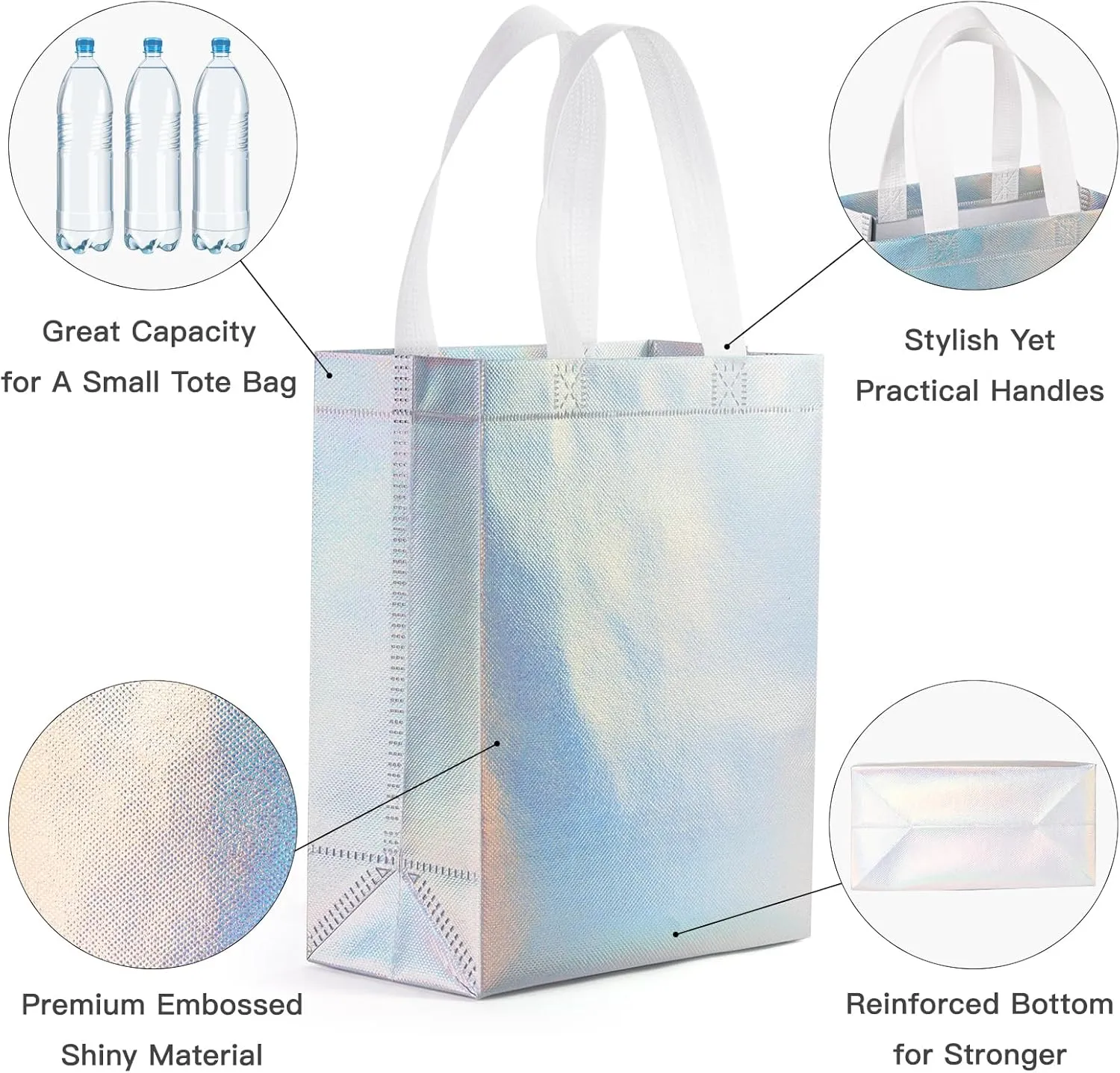 WRAPAHOLIC 12 Pack Reusable Iridescent Silver Gift Bag with Handles - Medium Size 8 x 4 x 10 inch - Perfect for Birthday Gift Bags, Shopping Bag, Goodie Bags, Party Favor Bags