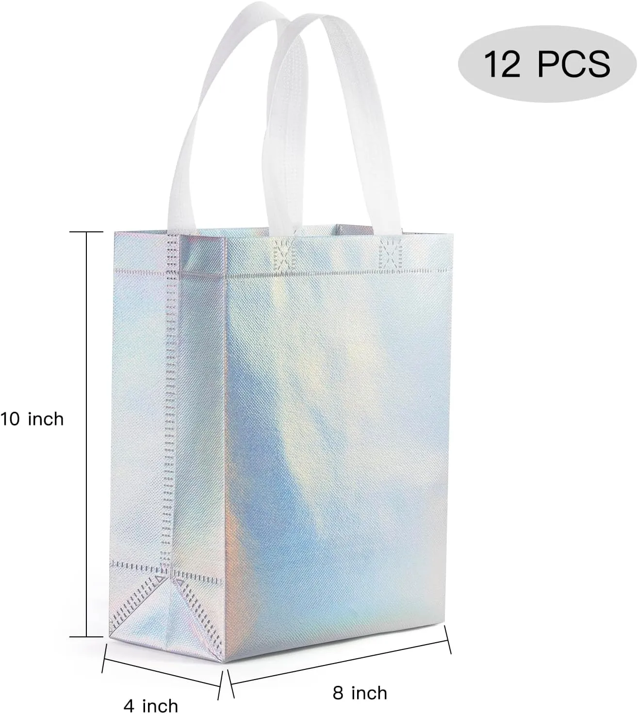 WRAPAHOLIC 12 Pack Reusable Iridescent Silver Gift Bag with Handles - Medium Size 8 x 4 x 10 inch - Perfect for Birthday Gift Bags, Shopping Bag, Goodie Bags, Party Favor Bags
