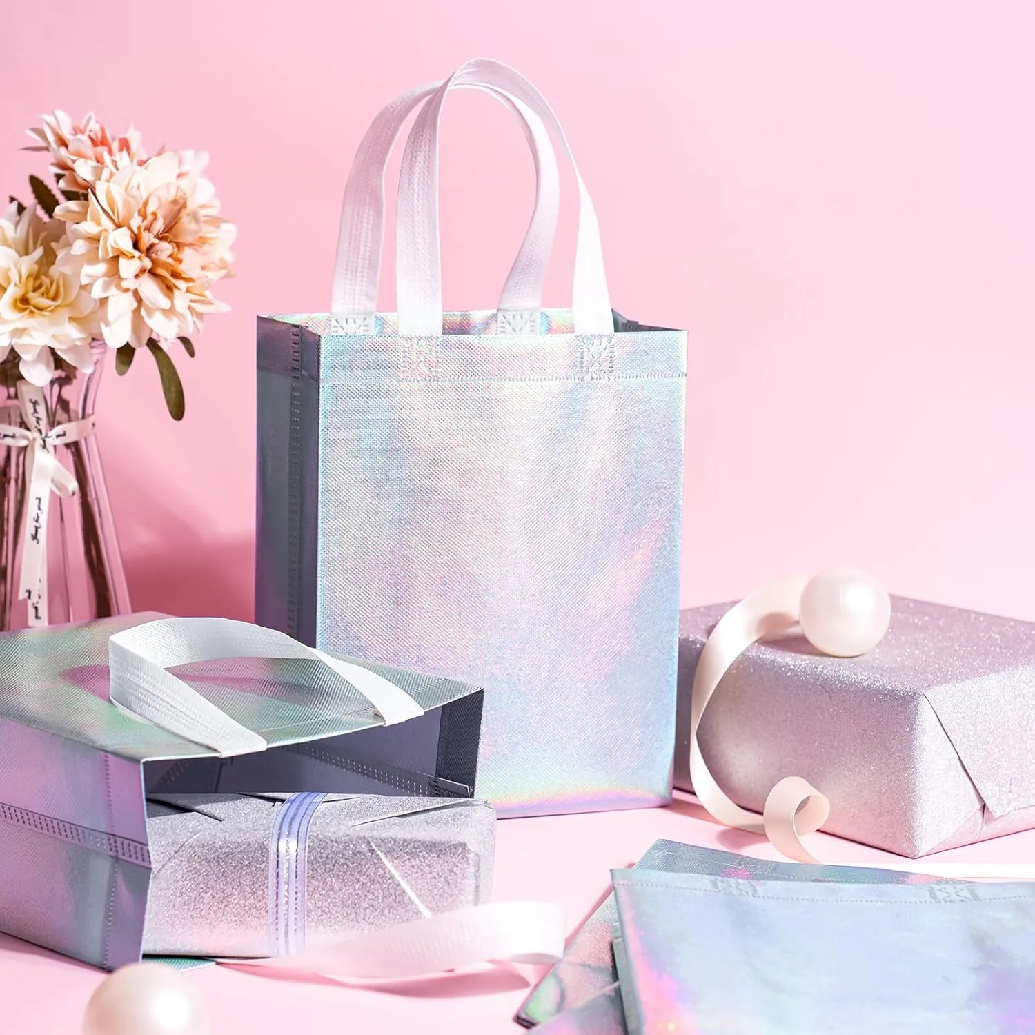 WRAPAHOLIC 12 Pack Reusable Iridescent Silver Gift Bag with Handles - Medium Size 8 x 4 x 10 inch - Perfect for Birthday Gift Bags, Shopping Bag, Goodie Bags, Party Favor Bags