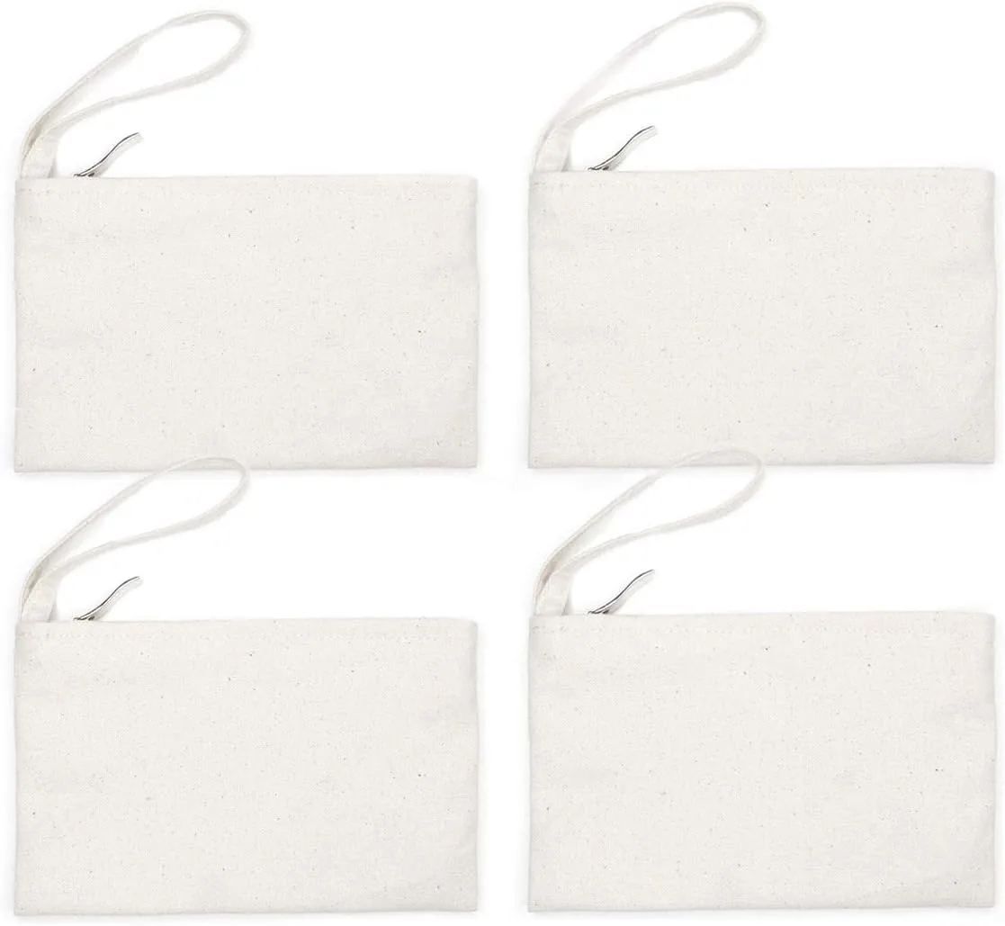 Wristlet Cotton Canvas Zipper Cosmetic Bag Makeup Bags Tool Organizer with Cotton Lining, Beige, 5.11"x7.48", Pack of 4