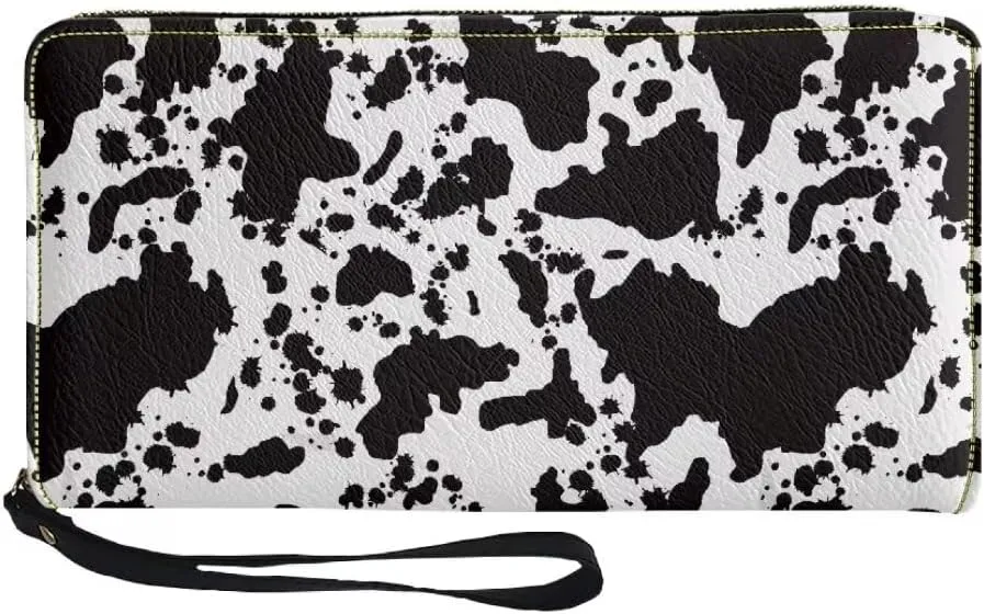 Wristlet Wallet for Women Black Cow Spots Pattern Zip Purse Leather Wallet Coin Purse for Men Card Holder Phone Organizer