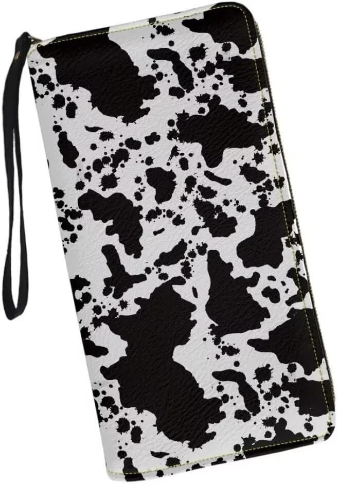 Wristlet Wallet for Women Black Cow Spots Pattern Zip Purse Leather Wallet Coin Purse for Men Card Holder Phone Organizer