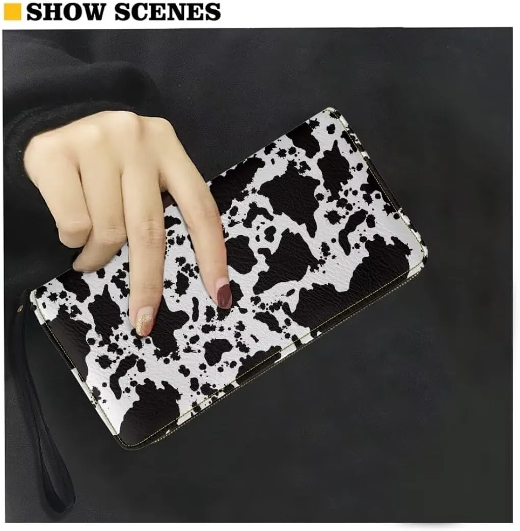 Wristlet Wallet for Women Black Cow Spots Pattern Zip Purse Leather Wallet Coin Purse for Men Card Holder Phone Organizer