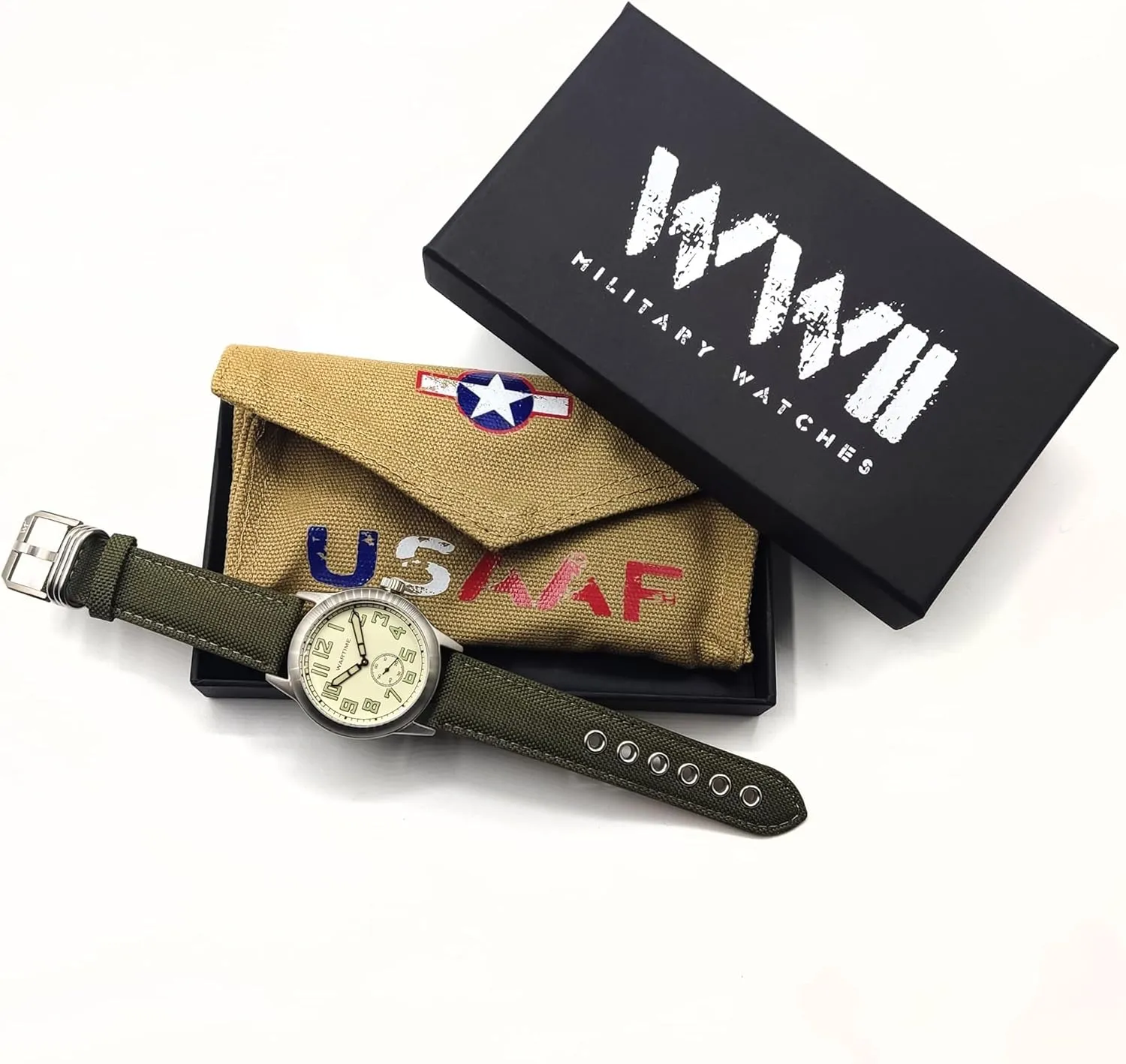 WW2 Military Watch – Vintage USAAF Watch, Swiss-Quartz Movement with Canvas strap and leather lining, 10 ATM Water Resistant. The Perfect WW2 Memorabilia. Mens Watches for Ever