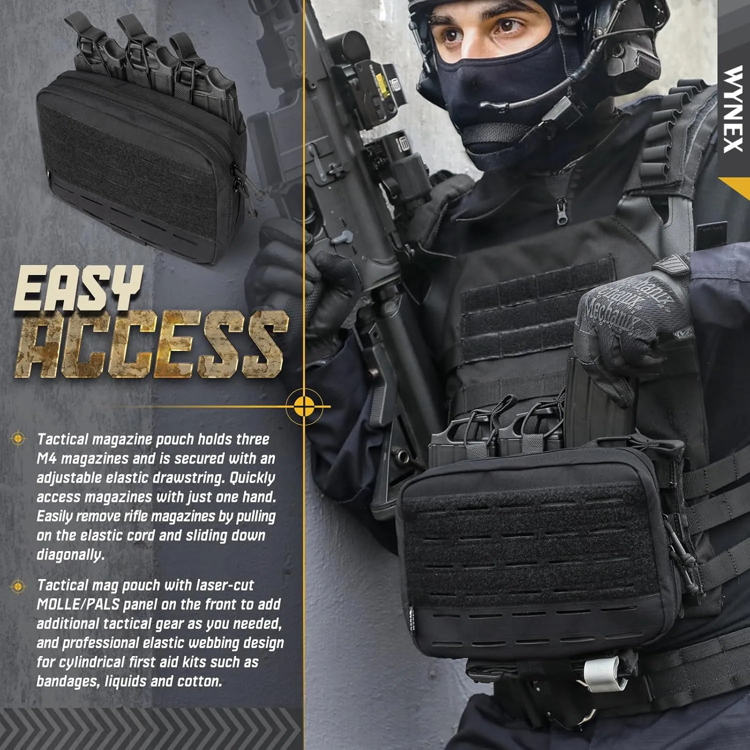 WYNEX Molle Mag Pouch,Tactical Molle Admin Pouch of Laser Cut, Triple Magazine Pouch with Molle Utility Pouch for AR M4 M16 Mag, Tactical Medical EMT EDC Pouch