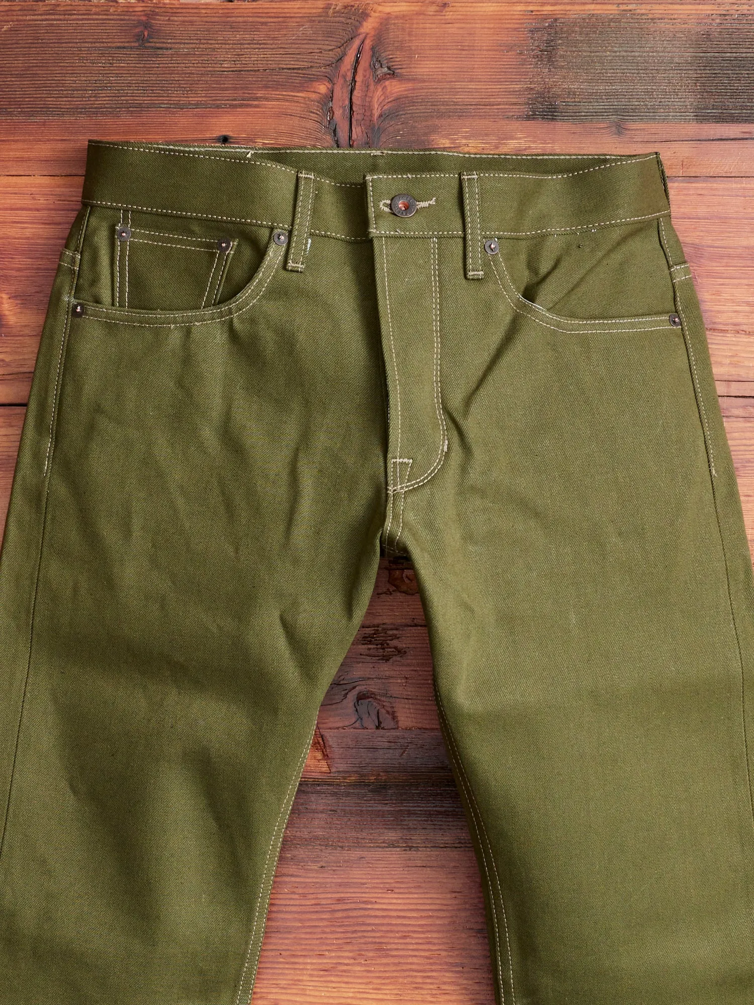 X060 13.5oz Olive Green Selvedge Denim - Spikes Fit