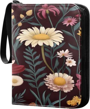 xigua Colorful Herbal Wildflower Card Binder 4-Pockets, Trading Card Binder 400 Pockets Baseball Card Binder Waterproof PU Leather Card Collection Binder for Games Card Album Card