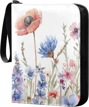 xigua Colorful Herbal Wildflower Card Binder 4-Pockets, Trading Card Binder 400 Pockets Baseball Card Binder Waterproof PU Leather Card Collection Binder for Games Card Album Card