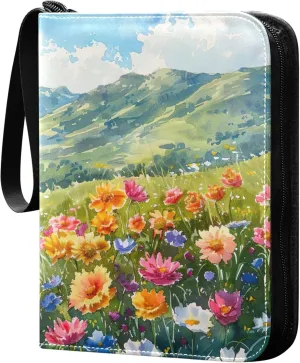 xigua Colorful Herbal Wildflower Card Binder 4-Pockets, Trading Card Binder 400 Pockets Baseball Card Binder Waterproof PU Leather Card Collection Binder for Games Card Album Card
