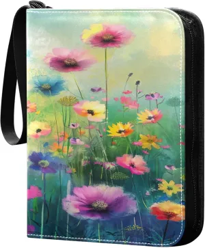 xigua Colorful Herbal Wildflower Card Binder 4-Pockets, Trading Card Binder 400 Pockets Baseball Card Binder Waterproof PU Leather Card Collection Binder for Games Card Album Card