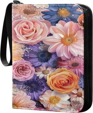 xigua Colorful Herbal Wildflower Card Binder 4-Pockets, Trading Card Binder 400 Pockets Baseball Card Binder Waterproof PU Leather Card Collection Binder for Games Card Album Card
