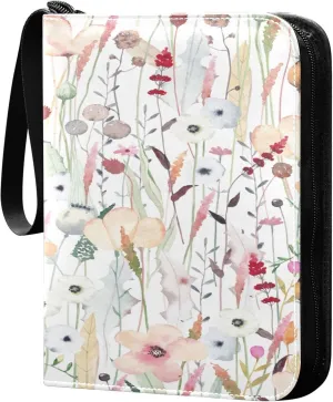 xigua Colorful Herbal Wildflower Card Binder 4-Pockets, Trading Card Binder 400 Pockets Baseball Card Binder Waterproof PU Leather Card Collection Binder for Games Card Album Card