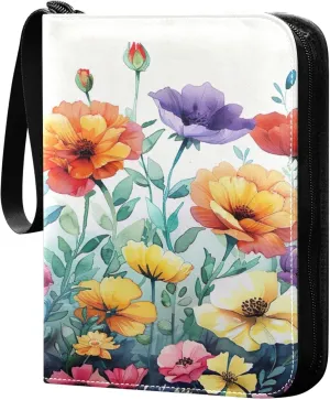 xigua Colorful Herbal Wildflower Card Binder 4-Pockets, Trading Card Binder 400 Pockets Baseball Card Binder Waterproof PU Leather Card Collection Binder for Games Card Album Card