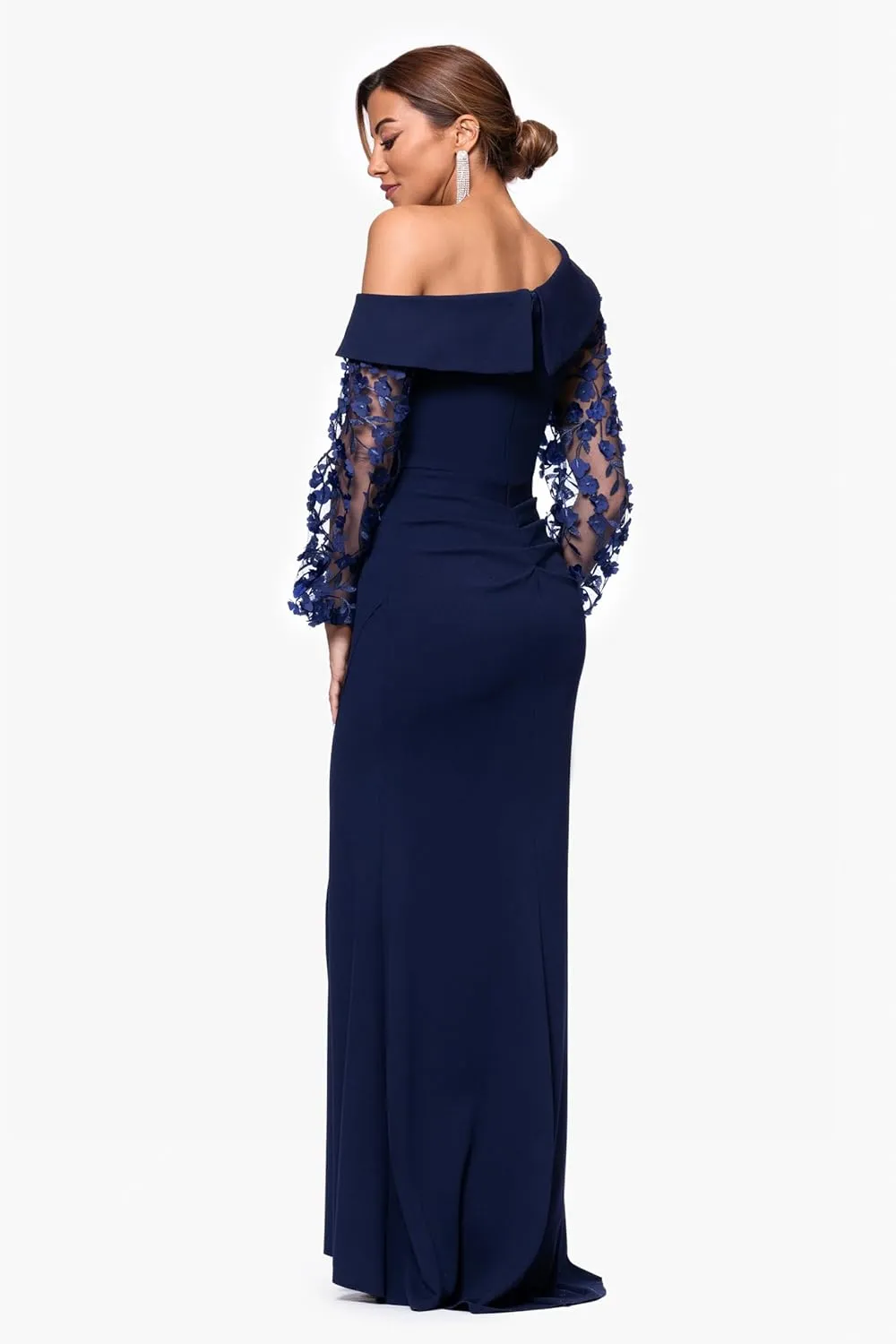 Xscape Women's Long Flower Ilusion Sleeve Off-The-Shoulder Scuba Crepe Gown
