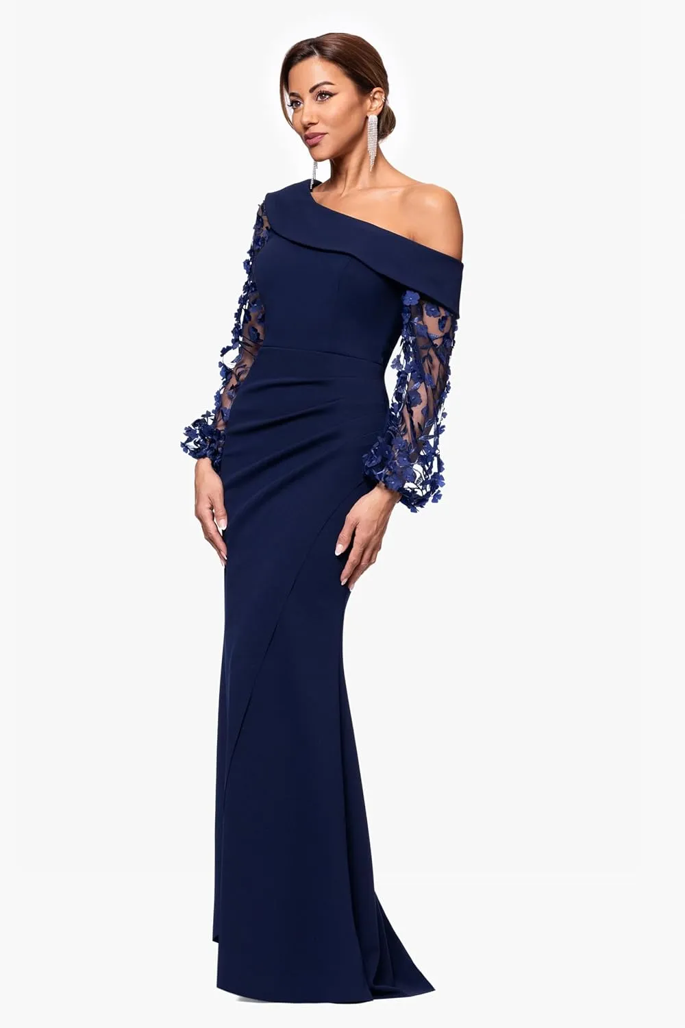 Xscape Women's Long Flower Ilusion Sleeve Off-The-Shoulder Scuba Crepe Gown
