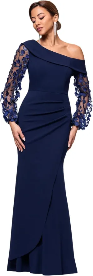 Xscape Women's Long Flower Ilusion Sleeve Off-The-Shoulder Scuba Crepe Gown