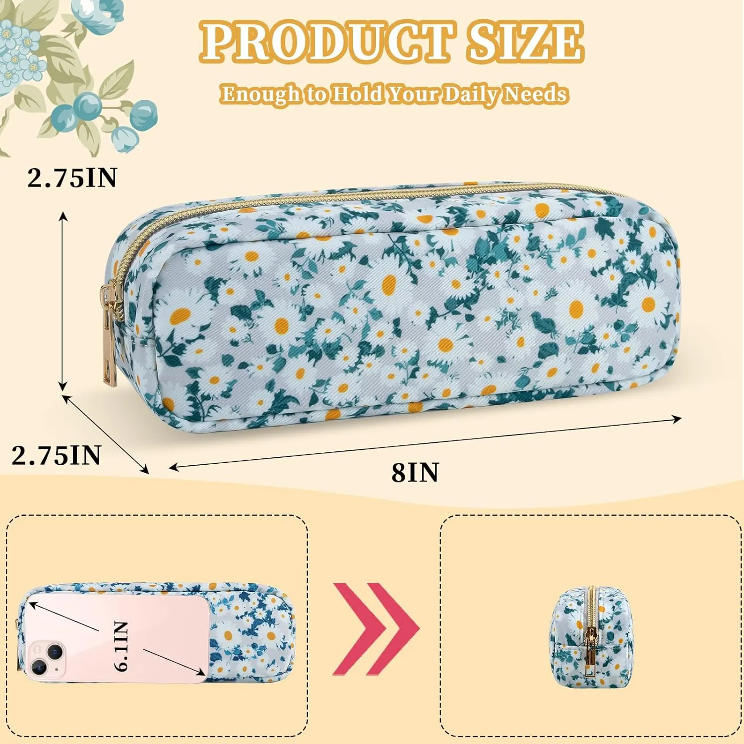 XSUIOY Floral Small Makeup Bag for Purse Nylon Pencil Pouch, Coquette Aesthetic Makeup Bag Cute Preppy Cosmetic Bag, Makeup Brushes Storage Bag Waterproof Travel Toiletry Bag Organizer(Green Floral)