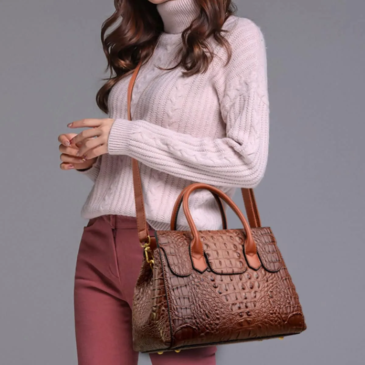 XXGJOALD-Women Satchel Bag PU Leather Crocodile-Embossed Pattern With Top Handle Shoulder Bags Handbags Fashion Purses Totes