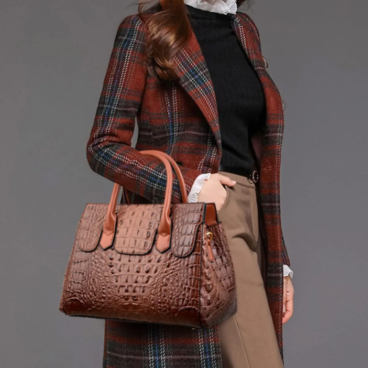 XXGJOALD-Women Satchel Bag PU Leather Crocodile-Embossed Pattern With Top Handle Shoulder Bags Handbags Fashion Purses Totes
